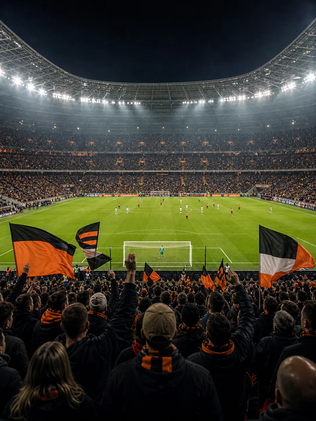 Fullsatt arena med läktare och match i Europa League